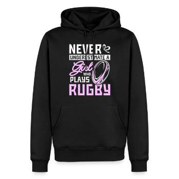 Ne sous-estimez jamais une fille qui joue au rugby - Sweat à capuche Premium bio Homme - noir - Devant - Nico (187cm)