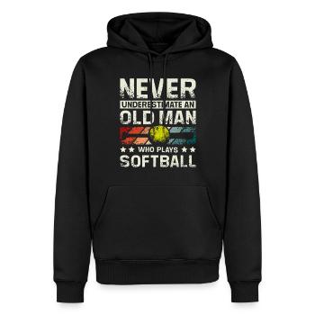 Ne sous-estimez jamais un vieil homme qui joue au softball - Sweat à capuche Premium bio Homme - noir - Devant - Nico (187cm)