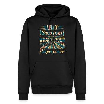 Je joue du saxophone quel est votre superpouvoir - Sax & Mu - Sweat à capuche Premium bio Homme - noir - Devant - Nico (187cm)