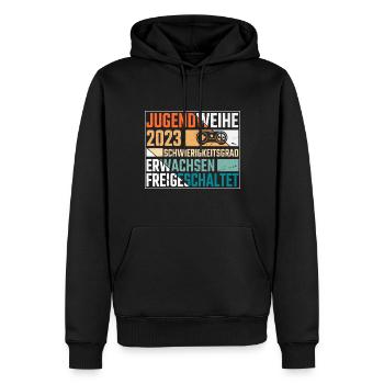 Jugendweihe 2023 Schwierigkeitsgrad Erwachsen - Männer Premium Bio Hoodie - Schwarz - Vorne - Nico (187cm)