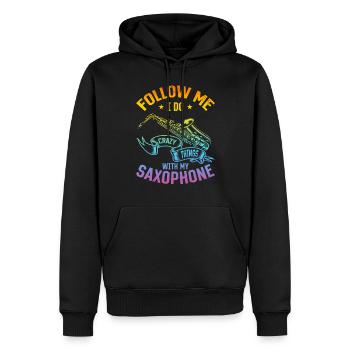 Suivez-moi, je fais des choses folles avec mon saxophone - Sat - Sweat à capuche Premium bio Homme - noir - Devant - Nico (187cm)