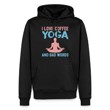 Yoga Saying - J’aime le café Yoga et les gros mots - Sweat à capuche Premium bio Homme - noir - Devant - Nico (187cm)