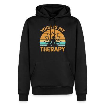 Yoga Saying - Le yoga est ma thérapie - Sweat à capuche Premium bio Homme - noir - Devant - Nico (187cm)