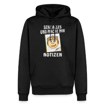 GESICHT NOTIZBLOCK SEHE ALLES MACHE MIR NOTIZE - Männer Premium Bio Hoodie - Schwarz - Vorne - Nico (187cm)