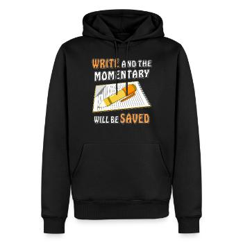 NOTIZBLOCK SCHREIBE MOMENT GESPEICHERT - Männer Premium Bio Hoodie - Schwarz - Vorne - Nico (187cm)