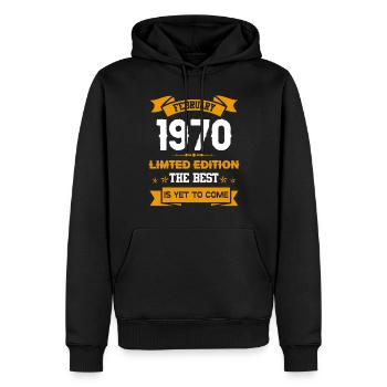 Février 1970 Cadeau d’anniversaire - Sweat à capuche Premium bio Homme - noir - Devant - Nico (187cm)