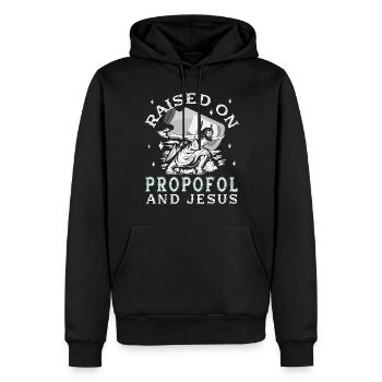 Medicine -Propofol Jesus Anesthesiology - Men’s Premium Organic Hoodie - black - Front - Nico (187cm)