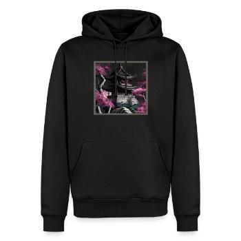 Temple japonais vintage des fleurs de cerisier Sakura - Sweat à capuche Premium bio Homme - noir - Devant - Nico (187cm)
