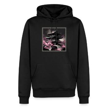 Temple japonais vintage des fleurs de cerisier Sakura - Sweat à capuche Premium bio Homme - noir - Devant - Nico (187cm)