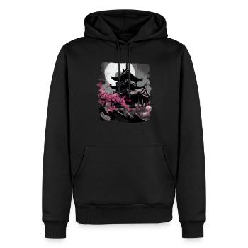 Temple japonais vintage des fleurs de cerisier Sakura - Sweat à capuche Premium bio Homme - noir - Devant - Nico (187cm)