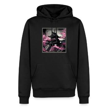 Temple japonais vintage des fleurs de cerisier Sakura - Sweat à capuche Premium bio Homme - noir - Devant - Nico (187cm)
