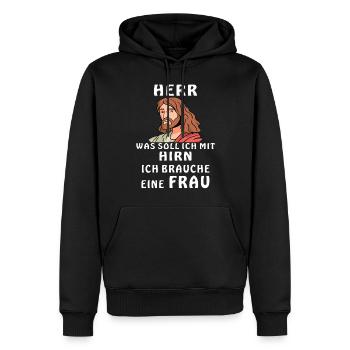 HERR ICH BRAUCHE EINE FRAU - Männer Premium Bio Hoodie - Schwarz - Vorne - Nico (187cm)
