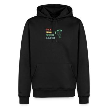 Fly now - work later - Männer Premium Bio Hoodie - Schwarz - Vorne - Nico (187cm)