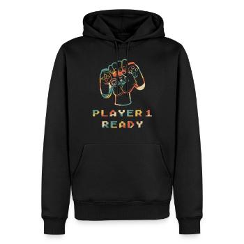 Spieler 1 Bereit in Kombination mit - Männer Premium Bio Hoodie - Schwarz - Vorne - Nico (187cm)