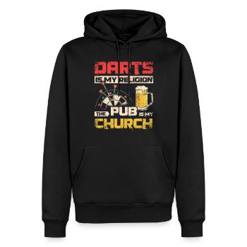 Dart ist meine Religion, Kneipe ist meine Kirche - Männer Premium Bio Hoodie - Schwarz - Vorne - Nico (187cm)