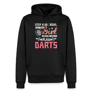 Dieses Mädchen zeigt dir, wie man Dart spielt - Männer Premium Bio Hoodie - Schwarz - Vorne - Nico (187cm)