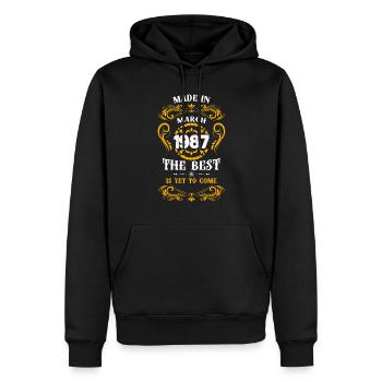 Fabriqué en mars 1987 Le meilleur - Sweat à capuche Premium bio Homme - noir - Devant - Nico (187cm)