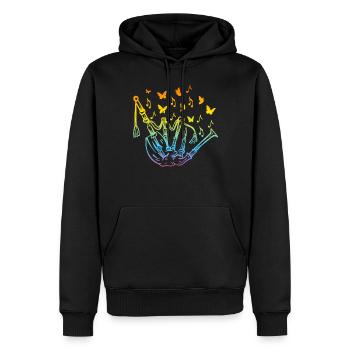 Cornemuse avec notes de musique et papillons - Musicien - Sweat à capuche Premium bio Homme - noir - Devant - Nico (187cm)