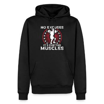 Strongman No Excuses For Muscles Gym Bodybuilding - Men’s Premium Organic Hoodie - black - Front - Nico (187cm)