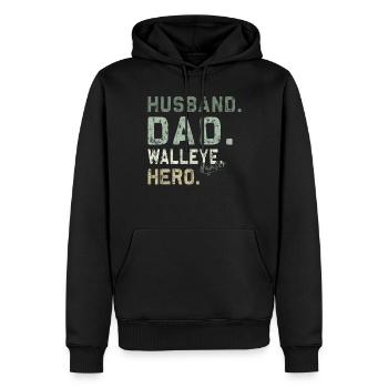 Pêche au Walley - Papa chasseur de doré jaune - Sweat à capuche Premium bio Homme - noir - Devant - Nico (187cm)
