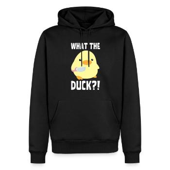 What The Duck? Duck with knife - Ente mit Messer - Männer Premium Bio Hoodie - Schwarz - Vorne - Nico (187cm)
