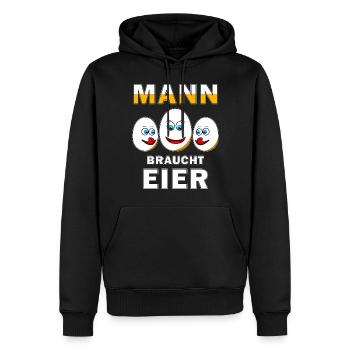 MANN BRAUCHT EIER - Männer Premium Bio Hoodie - Schwarz - Vorne - Nico (187cm)