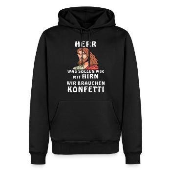 HIRN WIR BRAUCHEN KONFETTI - Männer Premium Bio Hoodie - Schwarz - Vorne - Nico (187cm)