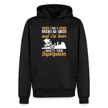 Vététiste et amoureux des chats superpuissance - Sweat à capuche Premium bio Homme - noir - Devant - Nico (187cm)