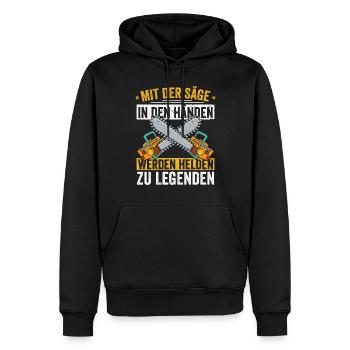MIt der Säge in den Händen werde ich zu Legende - Männer Premium Bio Hoodie - Schwarz - Vorne - Nico (187cm)