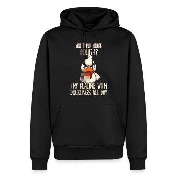Dcuklings Lustige Ente mit Mittelfinger Spruch - Männer Premium Bio Hoodie - Schwarz - Vorne - Nico (187cm)