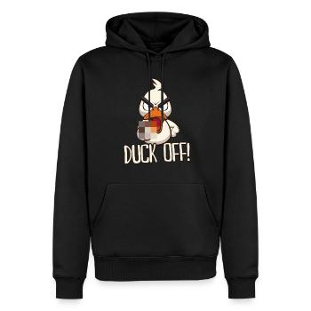 Duck Off! Lustige Ente mit Mittelfinger Spruch - Männer Premium Bio Hoodie - Schwarz - Vorne - Nico (187cm)
