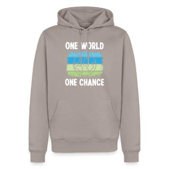 Umweltaktivismus One World One Chance Umweltschutz - Männer Premium Bio Hoodie - Taupe - Vorne - Nico (187cm)