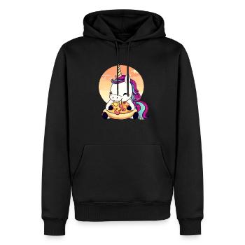 Licorne mangeant une pizza au coucher du soleil - Sweat à capuche Premium bio Homme - noir - Devant - Nico (187cm)