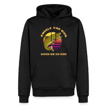 Angeln und Bier darum bin ich hier Angler Sprüche - Männer Premium Bio Hoodie - Schwarz - Vorne - Nico (187cm)