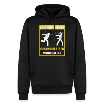 SICHERHEITSHINWEIS GESUND BLEIBEN MUND HALTEN - Männer Premium Bio Hoodie - Schwarz - Vorne - Nico (187cm)
