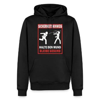 SICHERHEITSHINWEIS HALTE DEN MUND BLEIBE GESUN - Männer Premium Bio Hoodie - Schwarz - Vorne - Nico (187cm)