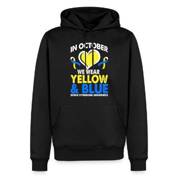 En octobre, nous portons le jaune et le bleu - Sweat à capuche Premium bio Homme - noir - Devant - Nico (187cm)