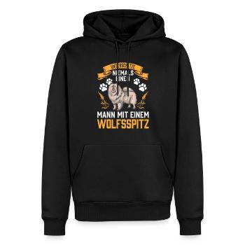 Mann mit Wolfsspitz Deutscher Keeshond - Männer Premium Bio Hoodie - Schwarz - Vorne - Nico (187cm)