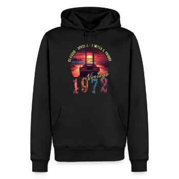 Millésime 1972 Anniversaire Synthwave Année de naissance 1972 - Sweat à capuche Premium bio Homme - noir - Devant - Nico (187cm)