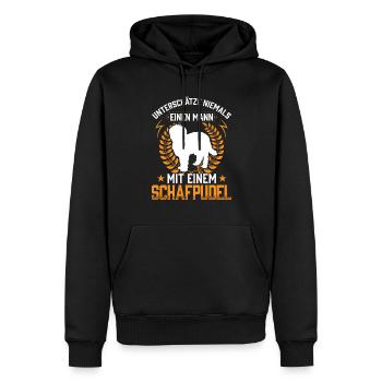 Mann mit Schafpudel unterschätzen Hütepudel - Männer Premium Bio Hoodie - Schwarz - Vorne - Nico (187cm)