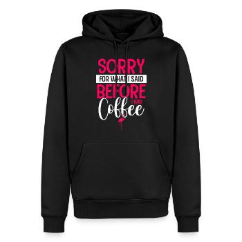 Désolé pour ce que j’ai dit avant de prendre un café - Frauen - Sweat à capuche Premium bio Homme - noir - Devant - Nico (187cm)