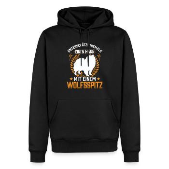 Mann mit Wolfsspitz unterschätzen Deutscher Spitz - Männer Premium Bio Hoodie - Schwarz - Vorne - Nico (187cm)