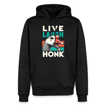 Live, Laugh, Horn – Joyful Goose Meme - Sweat à capuche Premium bio Homme - noir - Devant - Nico (187cm)