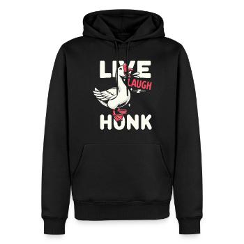 Live, Laugh, Horn – Joyful Goose Meme - Sweat à capuche Premium bio Homme - noir - Devant - Nico (187cm)