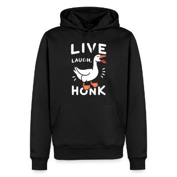 Live, Laugh, Horn – Joyful Goose Meme - Sweat à capuche Premium bio Homme - noir - Devant - Nico (187cm)