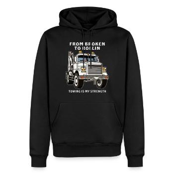 ABSCHLEPPWAGEN FROM BROKEN TO ROLLIN - Männer Premium Bio Hoodie - Schwarz - Vorne - Nico (187cm)