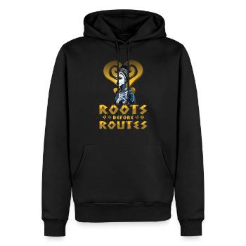 « Les racines avant les routes » Symbole Sankofa Noir - Sweat à capuche Premium bio Homme - noir - Devant - Nico (187cm)