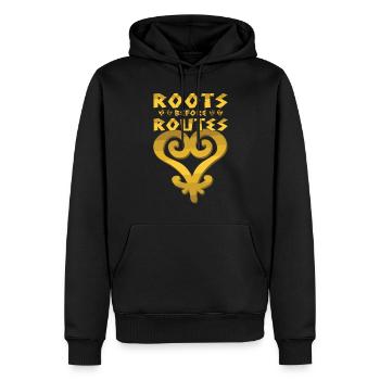 Icône Sankofa « Les racines avant les routes » - Sweat à capuche Premium bio Homme - noir - Devant - Nico (187cm)