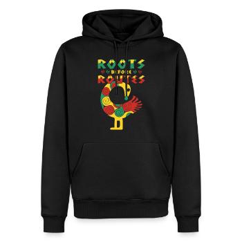 "Roots Before Routes" Bird Icon Sankofa Art - Men’s Premium Organic Hoodie - black - Front - Nico (187cm)