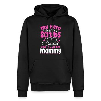 Allaitement - Mon héroïne porte des blouses et je l’appelle maman - Sweat à capuche Premium bio Homme - noir - Devant - Nico (187cm)